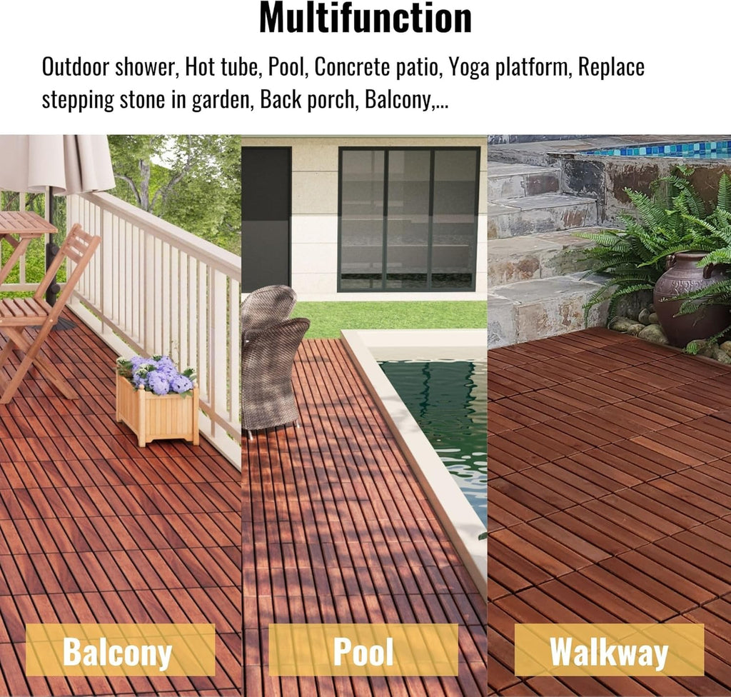 Wood Interlocking Deck Tiles, 12" x 12" Square Outdoor Flooring, Water-Resistant Patio Tiles for Balcony, Poolside