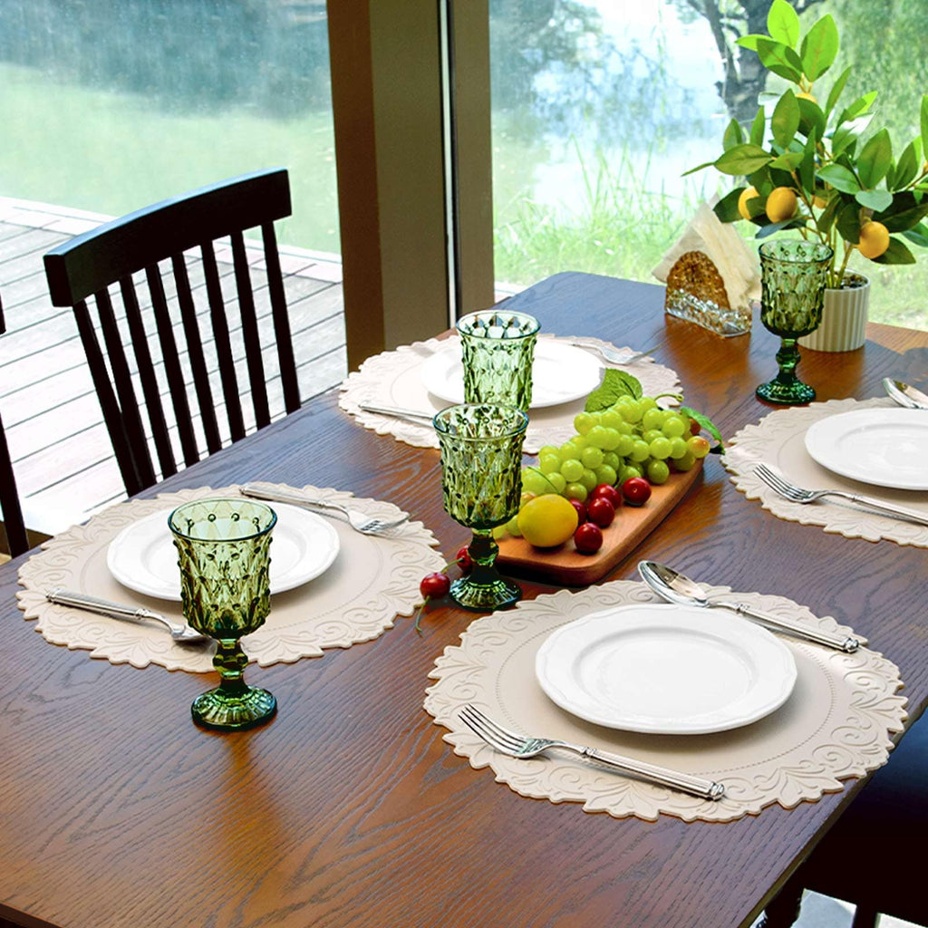 Round Faux Leather Placemats Set of 4, Dining Table Mats, Beige