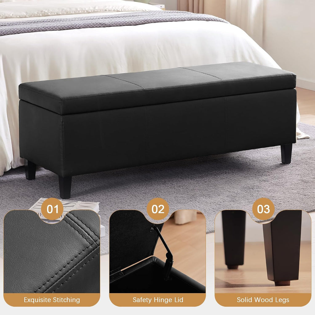 Faux Leather Storage Ottoman Bench 50.3 Inch Extra Long PU Upholstered Bedroom Bench with Large Storage Space for the