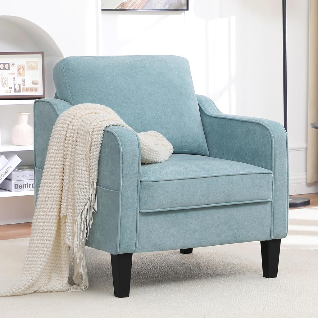 Accent Chair , Mid Century Modern Reading Chair , Upholstered Armchair with Side Pockets, Comfy Single Sofa Side