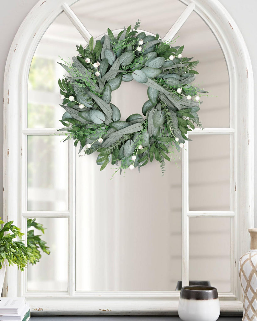 24 Inch Summer Wreath for Front Door, Artificial Outdoor Eucalyptus Wreath, Spring Green Wreaths for Front Door