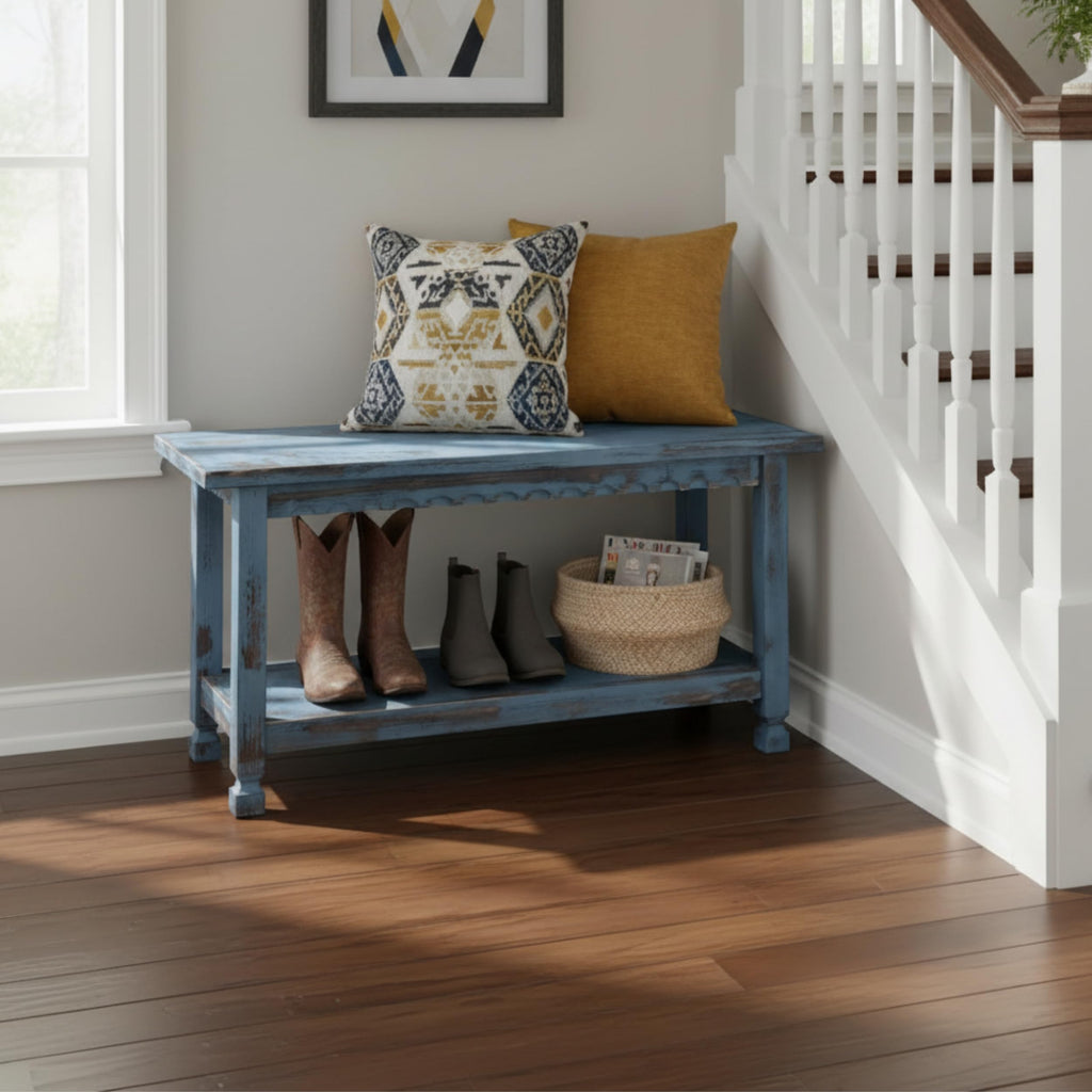Country Cottage Entryway Bench with Shoe Storage, Blue Antique