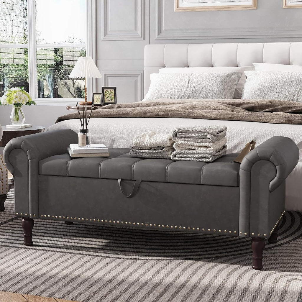51" Bench with Storage, Upholstered Tufted Button Bedroom Bench with Storage, Faux Leather End of Bed Bench with