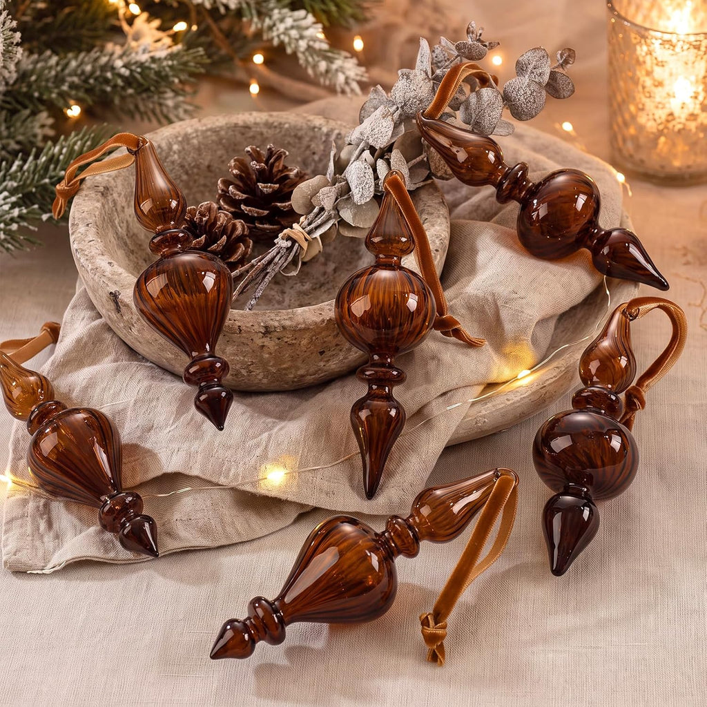 Vintage Glass Finial Christmas Ornaments, Dark Brown - Set of 12