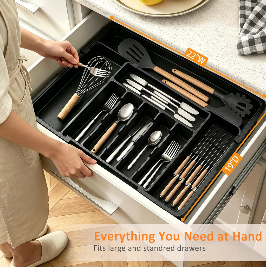 Silverware Organizer - Expandable Large Kitchen Drawer Organizer Utensil Organizer with 2 Removable Knife Blocks