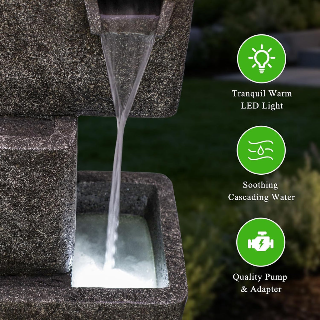 27.6" H Outdoor Modern Water Fountain, Floor Standing Indoor Waterfall Fountain, Outdoor Water Fountain with Lights