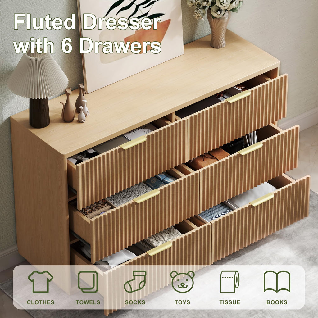 Fluted 6 Drawer Dresser, 47" W Modern Chest of Drawers with Metal Handles, Wood Dresser TV Stand, Closet Dresser