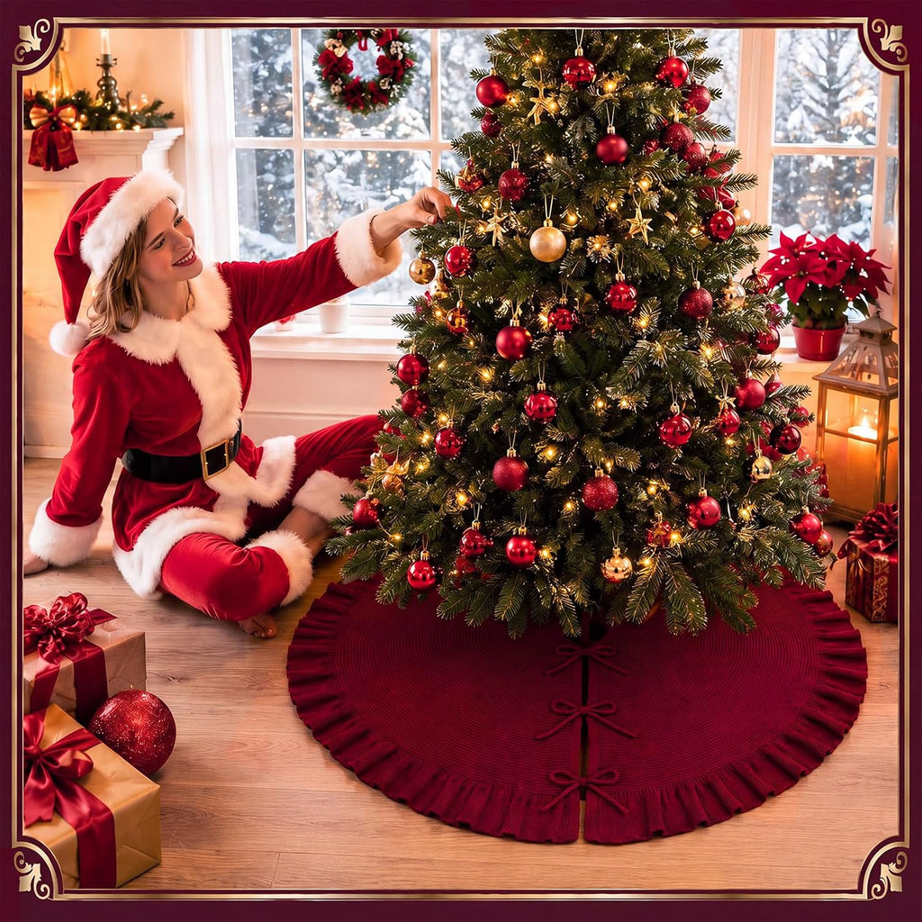 Burgundy Knit Christmas Tree Skirt with Ruffle, 48 Inch