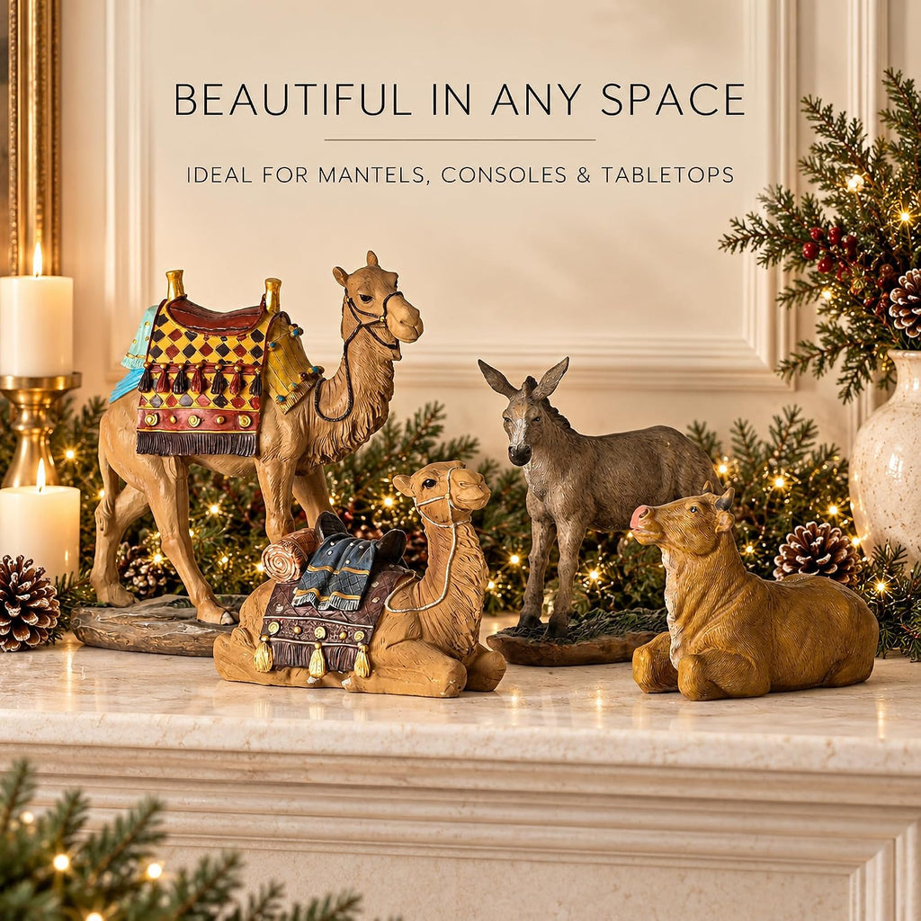 Kings Gifts Nativity Animals Set, 4-Piece Polystone Standing and Sitting Camels, Donkey, and Ox Figures, Flat Bottom