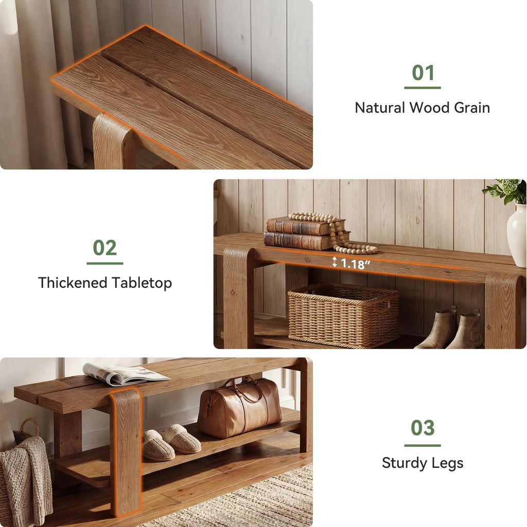 Solid Wood Entryway Bench with Shoe Storage Shelf, 63-Inch Long Farmhouse Entry Shoe Bench, End of Bed Bench
