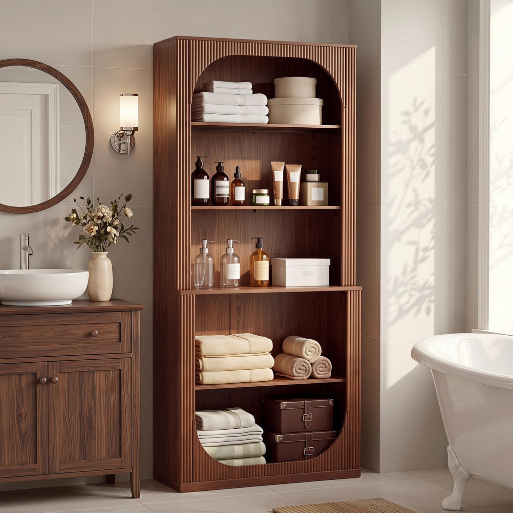 71" Tall Arched Bookcase, 5 Tier Fluted Wood Arched Bookshelf