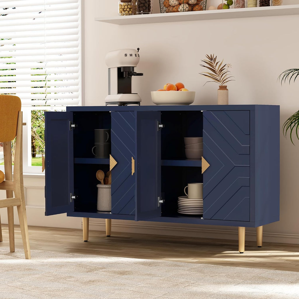 48'' Modern Sideboard Buffet Storage Cabinet with 4 Doors, Blue | Accent Storage Cabinet with Embossed Patterns