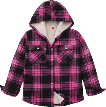 Girls Sherpa Lined Plaid Button Hooded Jacket