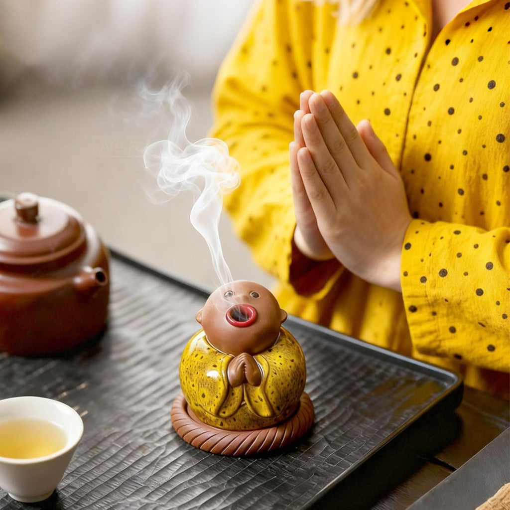Ceramic Buddha Incense Cone Holder, Monk Burner for Unique Zen Home Decor