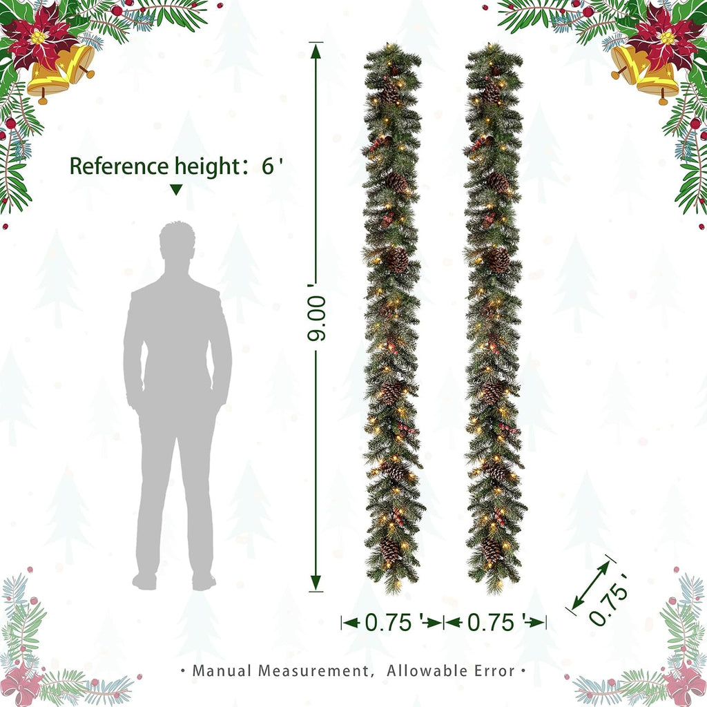 2PCS with Lights, Christmas Garland for Mantle, Pre-Lit Artificial Christmas Garland Glittered Pine Cones Berries