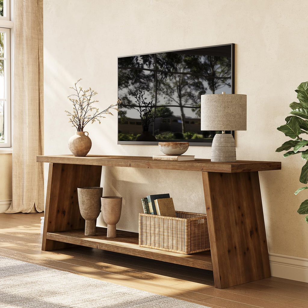 Solid Wood TV Stand, Farmhouse Media Console for 55/60/65 inch TV, 2-Tier Mid-Century Modern TV Stand with Storage