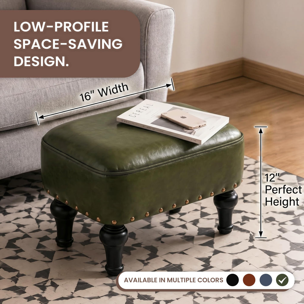 Ottoman Leather Footrest, Vintage Footstool with Hidden Storage, Thickened Foam Upholstered Seat, Solid Beechwood