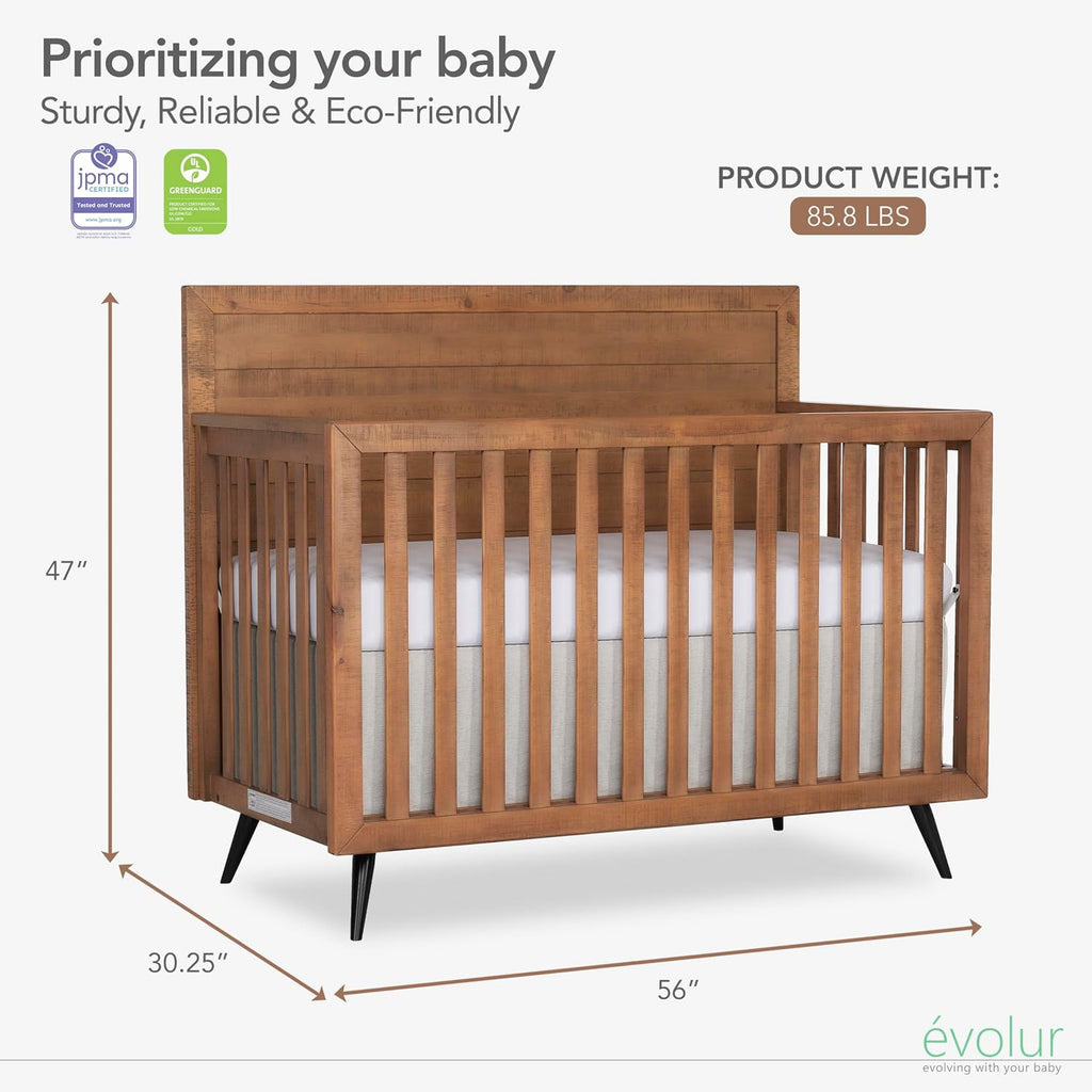 Évolur Stilnovo Mid-Century 4-in-1 Convertible Baby Crib in Sugar Cane, GreenGuard Gold & JPMA, Converts to Toddler