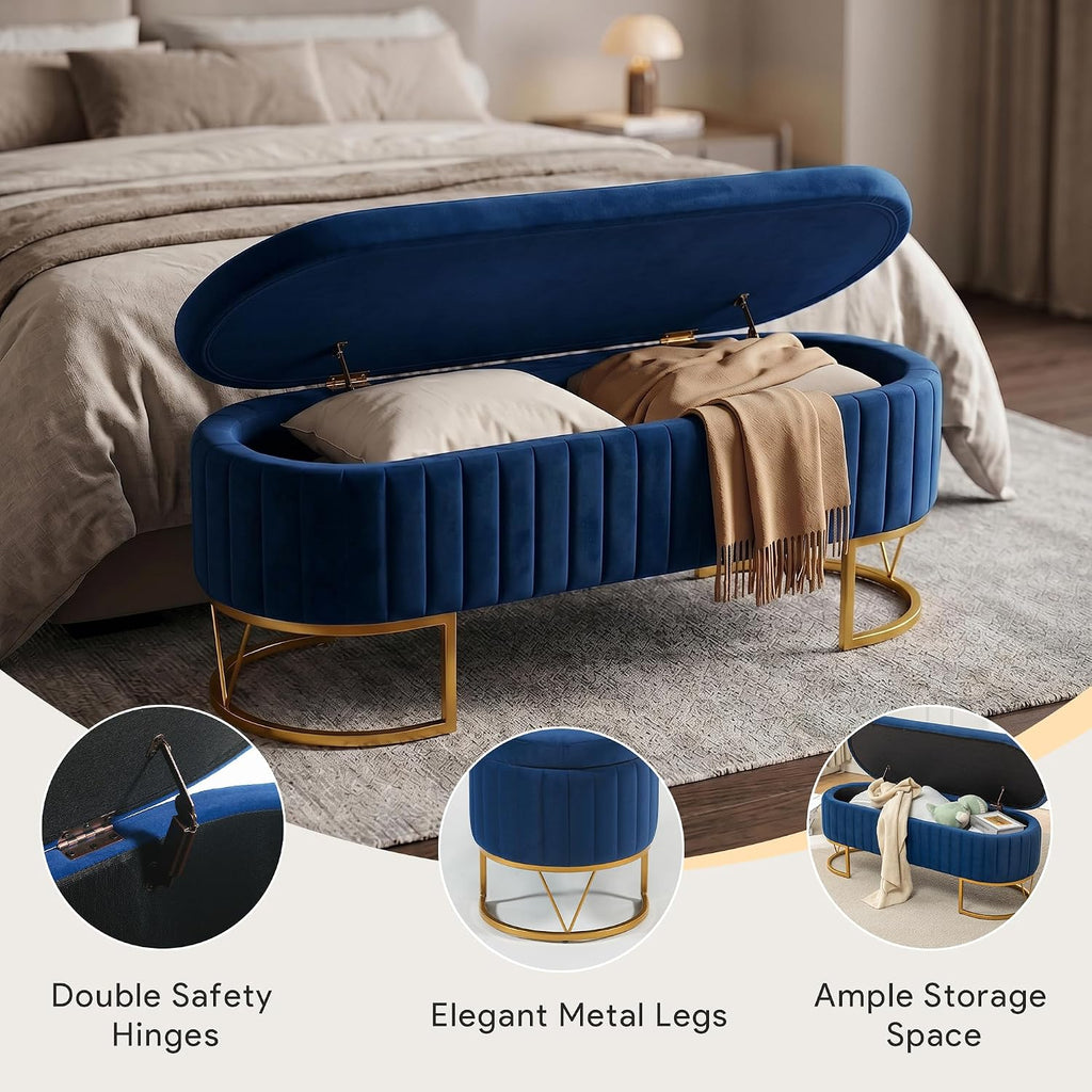 Storage Bench Bedroom Bench, Velvet Oval Upholstered End of Bed Bench with Golden Metal Legs, 46" Modern Storage