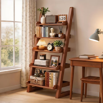 5 Tier Ladder Shelf, Ladder Bookshelf with Wood Frame, Modern Leaning Storage Organizer Bookcase with
