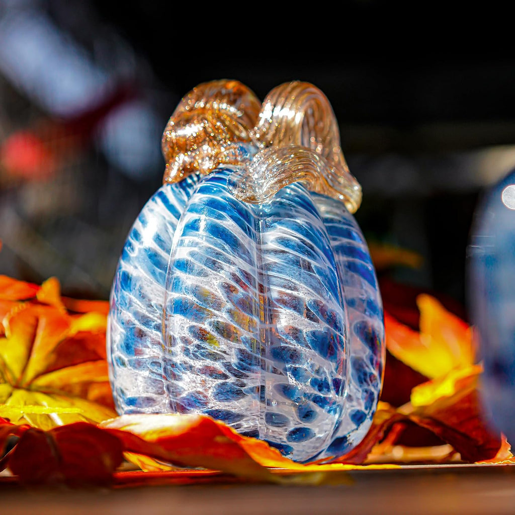 Blown Glass Blue Pumpkins Fall Harvest Halloween Table Decor - Set of 3