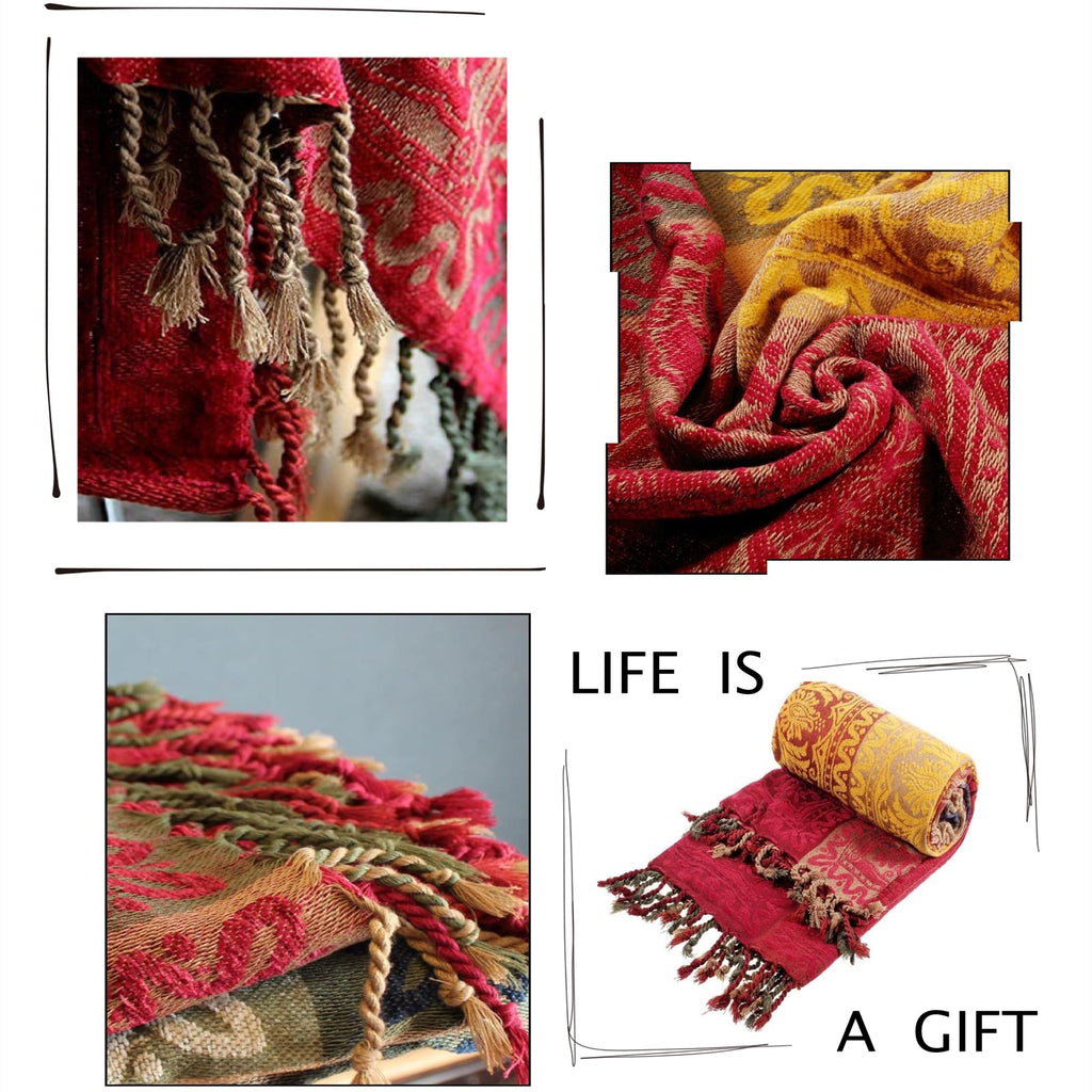 Boho Throw Blanket, Chenille Jacquard Tassels Throw Blankets for Bed Couch Soft Chair, Bohemian Fringe Tassels (Red