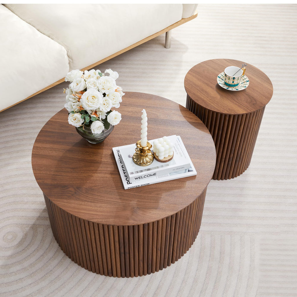 Fluted Round Nesting Coffee Table Set of 2 Circle Center Table Living Room