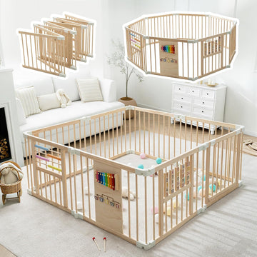 Wooden Playpen with 3 Learning Toys, Foldable 59x59, Babies & Toddlers | Learning toys: xylophone, abacus & blocks.