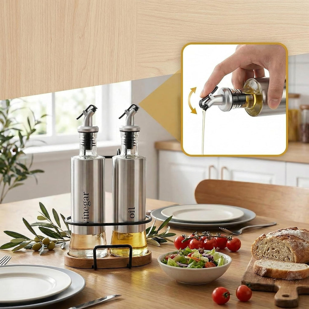 Olive Oil and Vinegar Bottle Set with Rack and Wooden Base, 10OZ Olive Dispenser Glass Cooking Oil Cruet - Set of 2