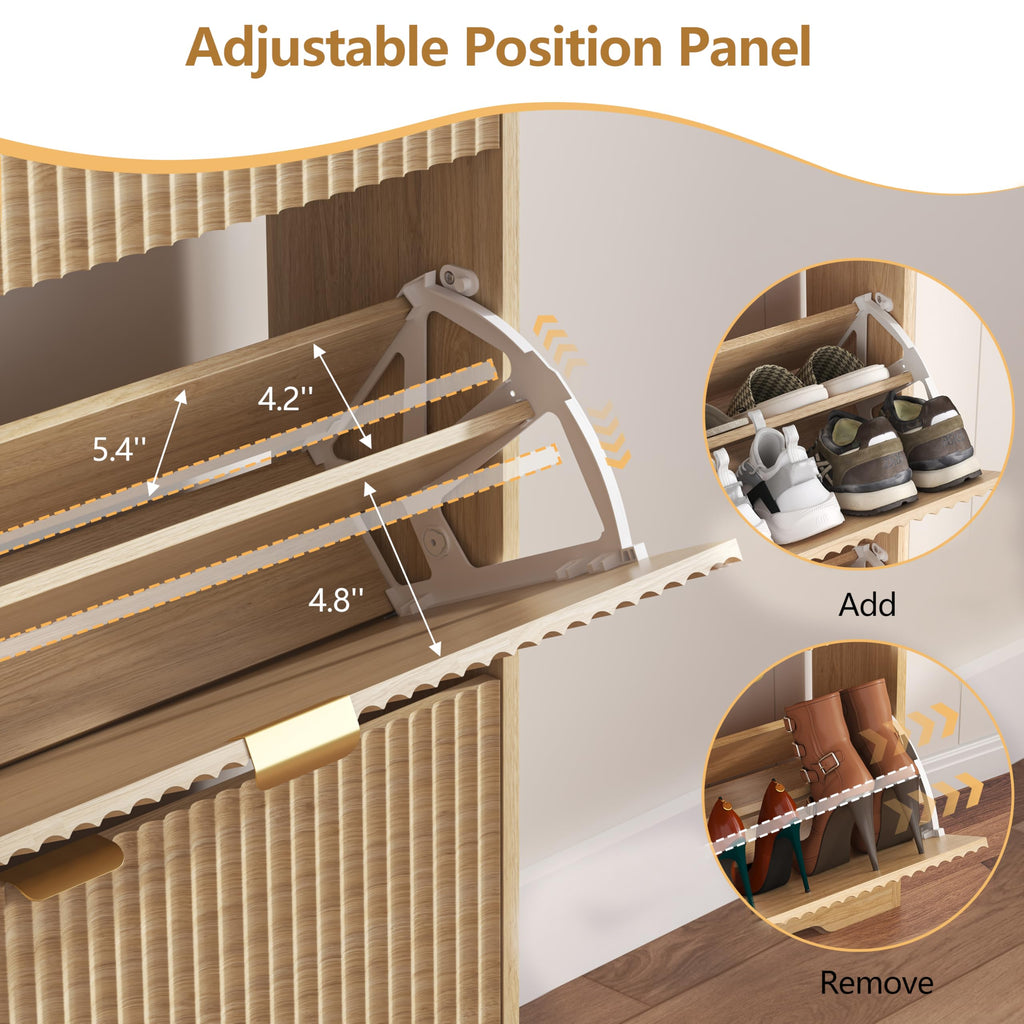 Shoe Cabinet Storage with 2 Flip Drawers, Fluted Shoe Cabinet with Open Storage, Wooden Hidden Shoe Rack Freestanding