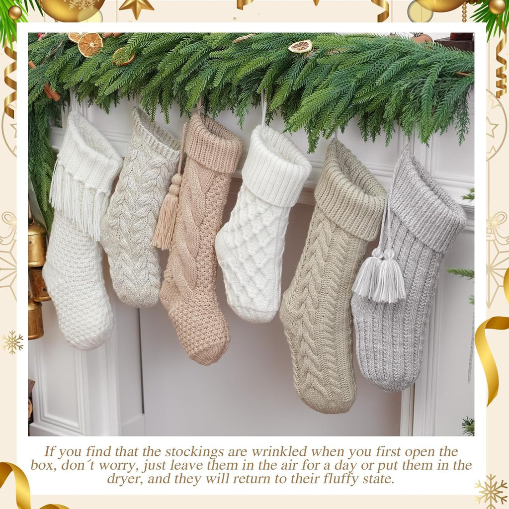 Vintage Knit Christmas Stockings - White Beige Apricot Rustic Boho Farmhouse Cable Knitted Holiday Set - Set of 6