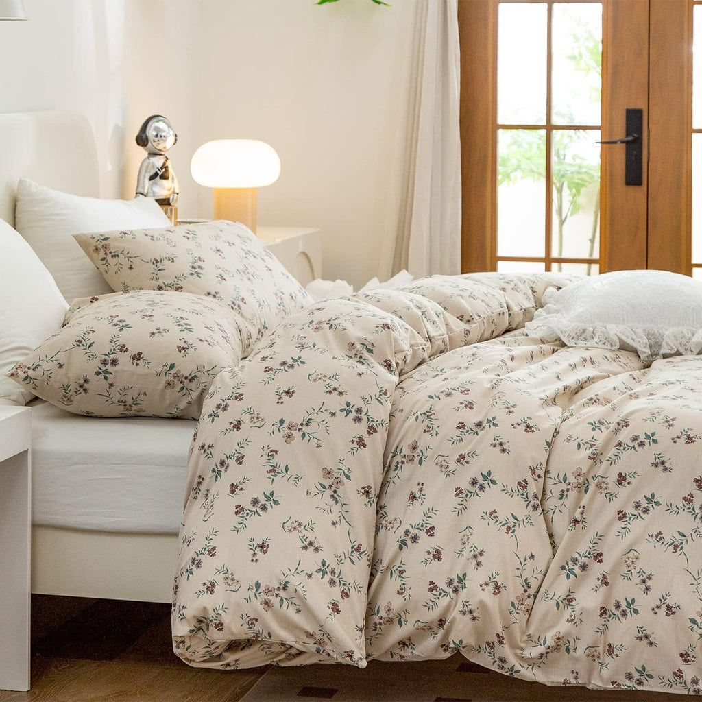 Duvet Cover Floral, Brushed Microfiber 3 Pieces Bedding Set, Garden Style Vintage Floral Duvet Cover