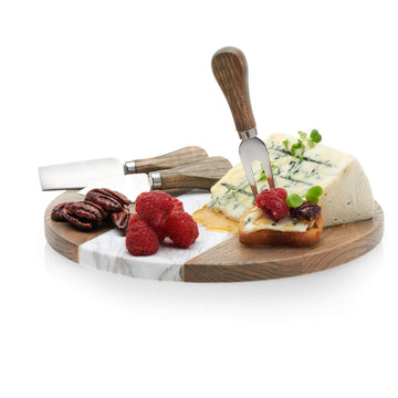 Handcrafted Marble Appetizer Board with 3 Wood-Handled Cheese Knives, Brown/White