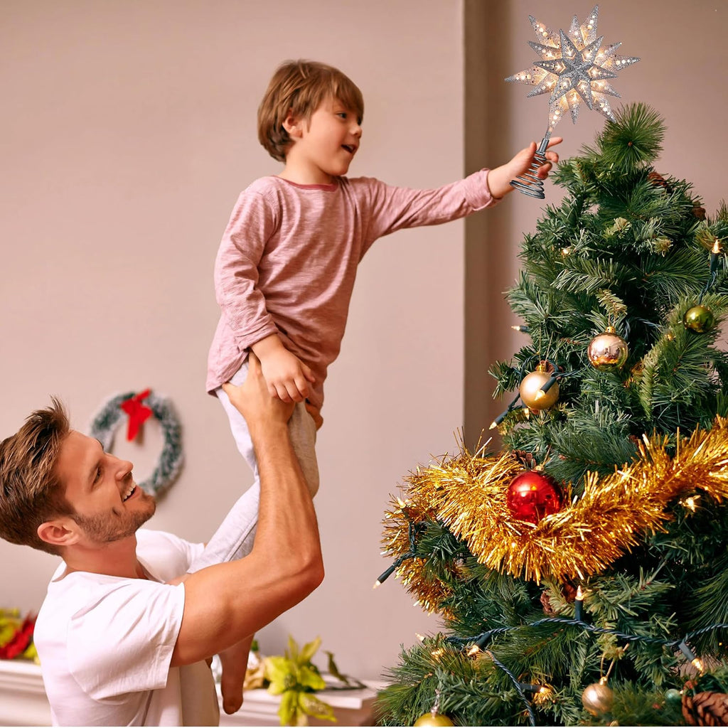 8 in Silver Glitter Snowflake Tree Topper with 25 Clear Lights