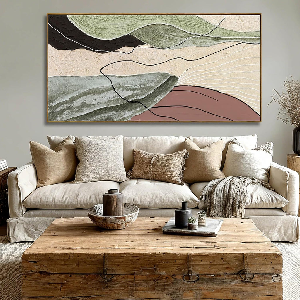 Brown Green Abstract Canvas Wall Art, Framed Beige White Painting, Neutral Black Prints Wall Decor, In Artwork