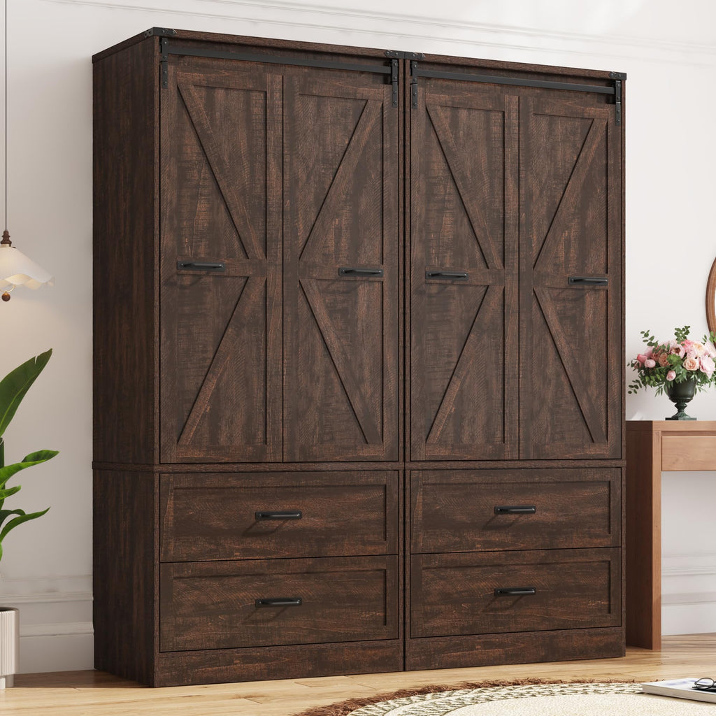 Farmhouse Wardrobe Armoire Closet with 4 Doors and 4 Drawers, Brown