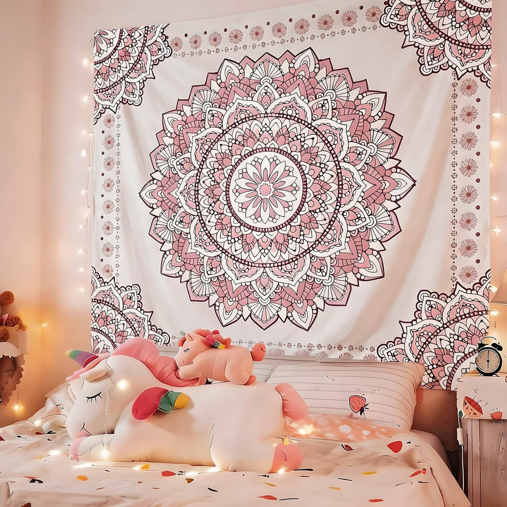 Pink Mandala Tapestry Aesthetic, Boho Art Large Wall Hanging