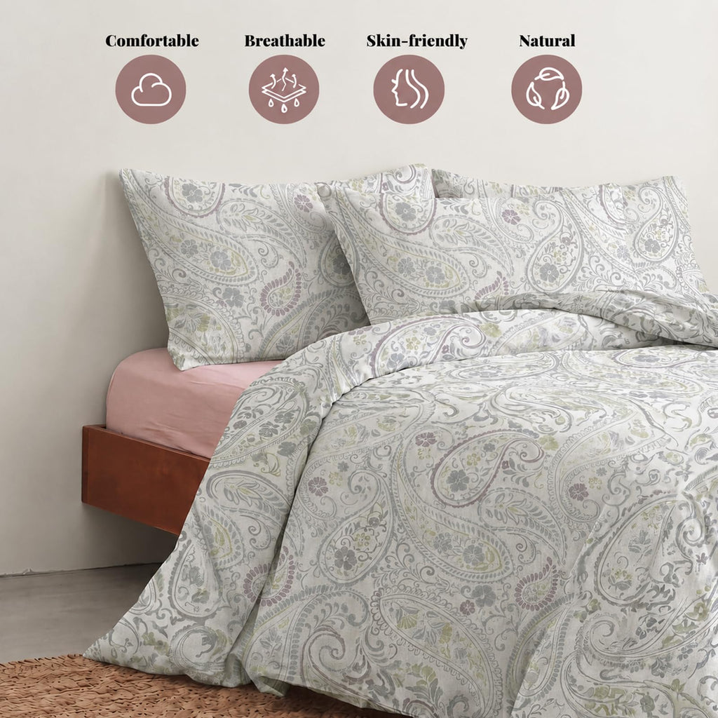 Linen Cotton Duvet Cover Set, Light Grey Paisley Bedding Set, 3 Pieces Vintage Floral Duvet Cover with