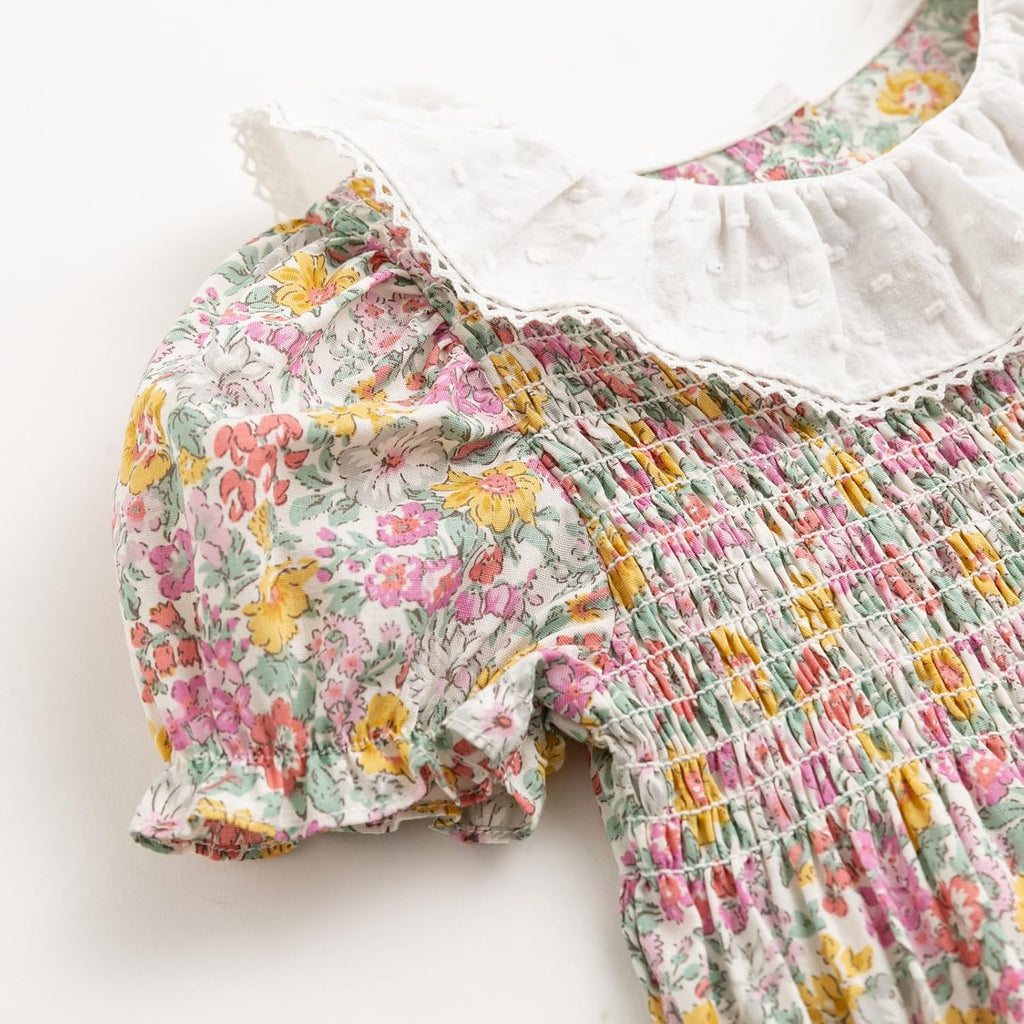 Baby Girl Smocked Romper,Ruffle Collar Bubble Floral Outfit