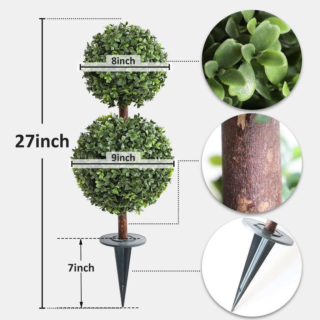 Artificial Topiary Double Ball Small Trees with Ground Spike 27 Inch Tall for Outdoor/Indoor [2 Pack] 2 Ft Faux