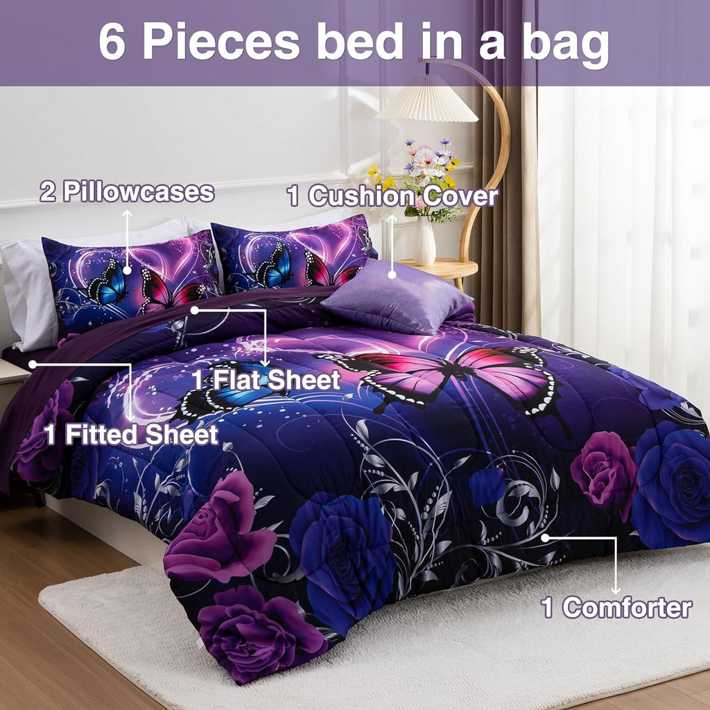 Galaxy 6pcs Bed in A Bag and Blue Dreamy 3D Butterfly Printed, Butterflies Bedding Twin Comforter Set, for Girls Kids