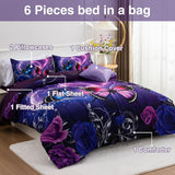A Nice Night Galaxy 6pcs Bed in a Bag Purple and Blue Dreamy 3D Butterfly Printed