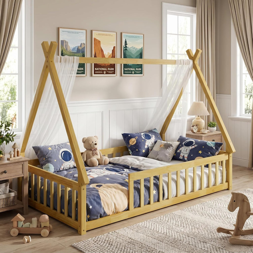 Floor Bed for Kids, Twin Size Teepee Tent Beds, Montessori Floor Bed with Slats and Fence Rails, Wood House Bed Frame