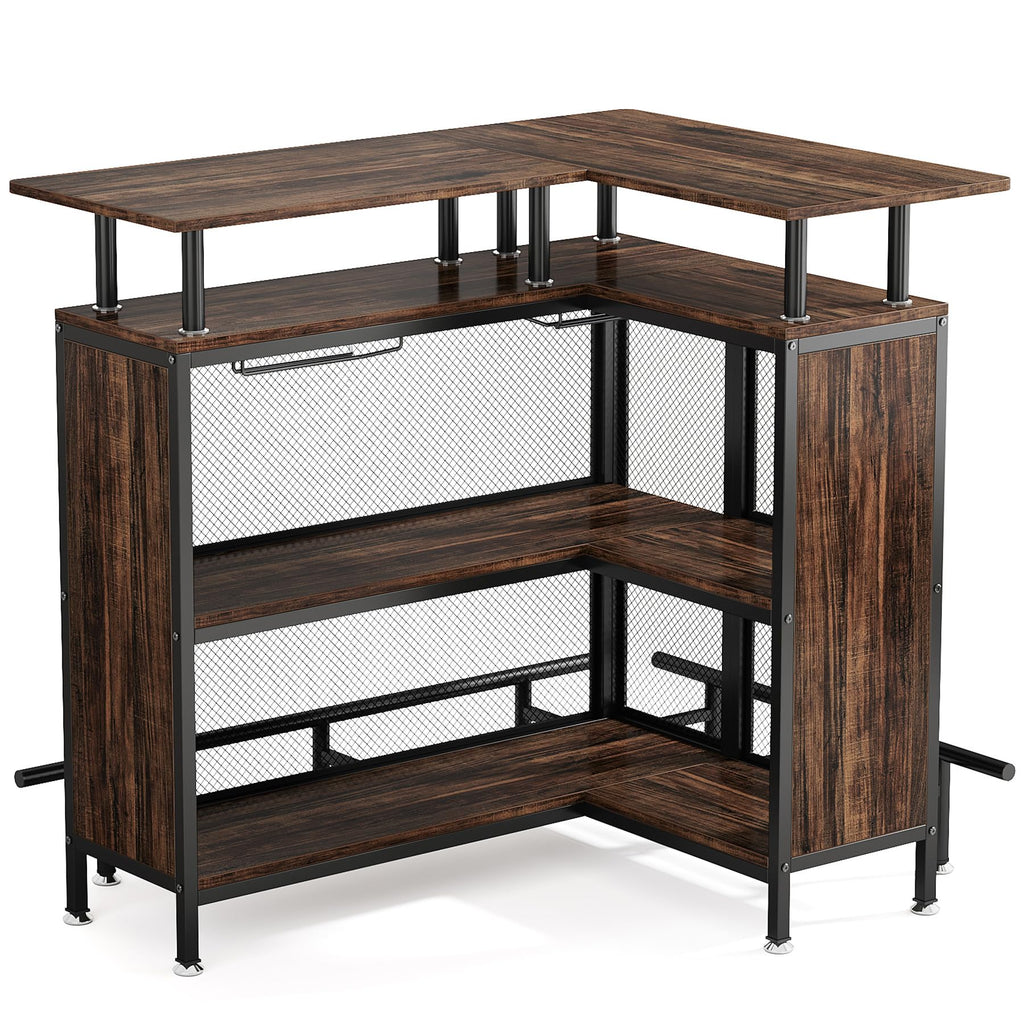Bar Unit, L-Shaped Bar Table with Stemware Racks and 2-Tier Shelves, Corner Mini Coffee Liquor Cabinet with