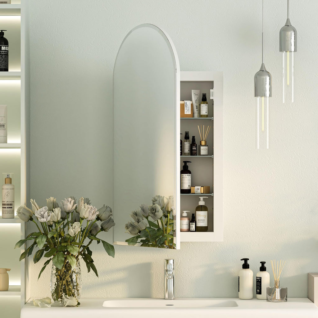Arched Recessed Medicine Cabinet with Mirror, Beveled Edge