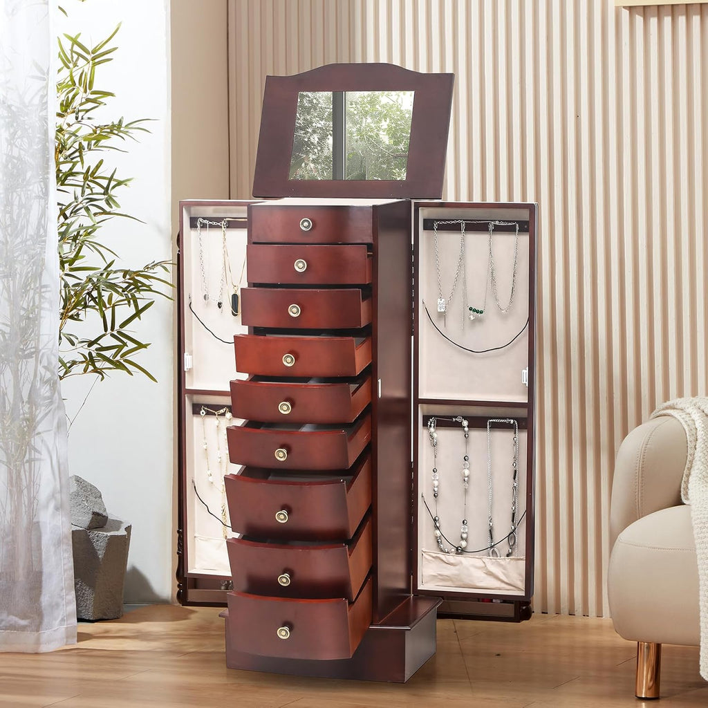 8 Drawers Jewelry Armoire, Standing Jewelry Box with Top Flip Makeup Mirror, Wood Jewelry Cabinet with Side Swing