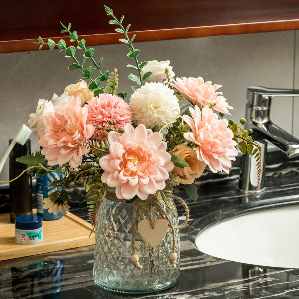 2 Pack Set Fake Flowers with Vase, Faux Flowers in Vase Decor, Silk Pink Dahlia Artificial Flowers with Vase for Coffee