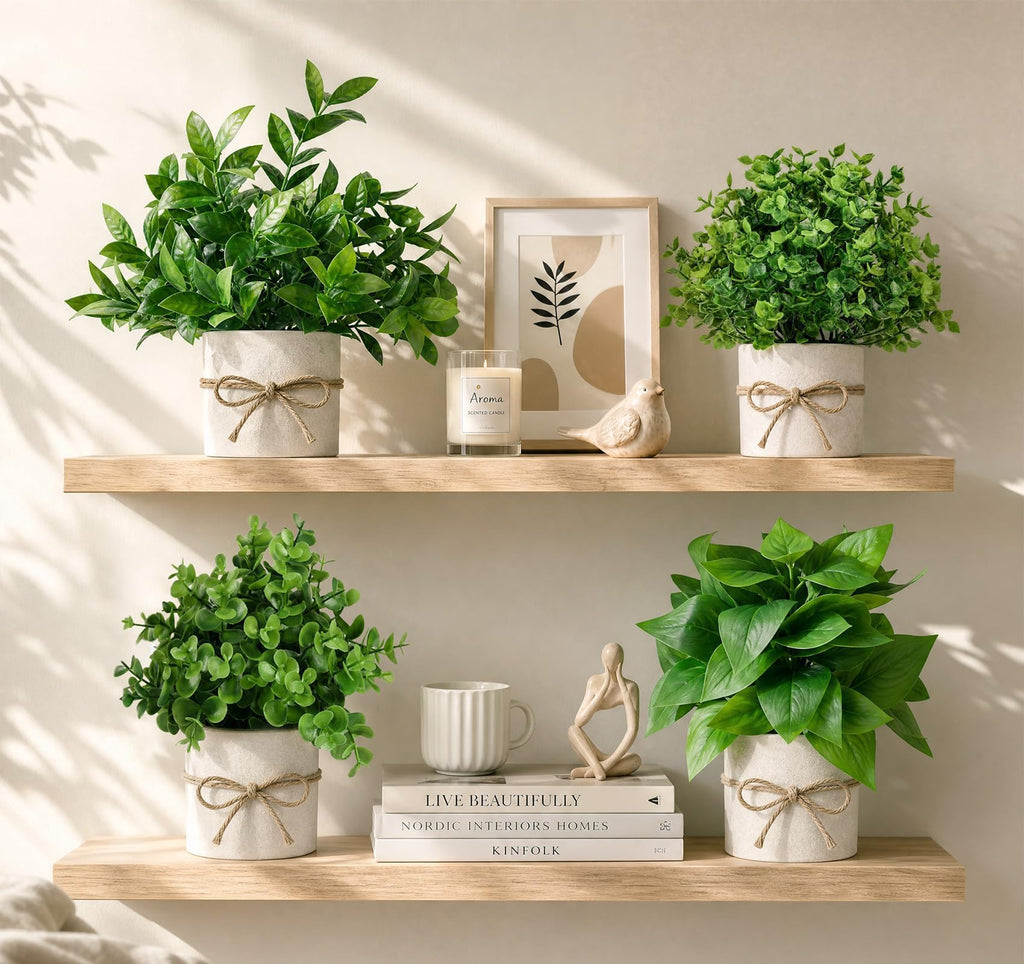 Fake Plants, 4 PCS Small Artificial Eucalyptus Potted Plants Indoor in Pots