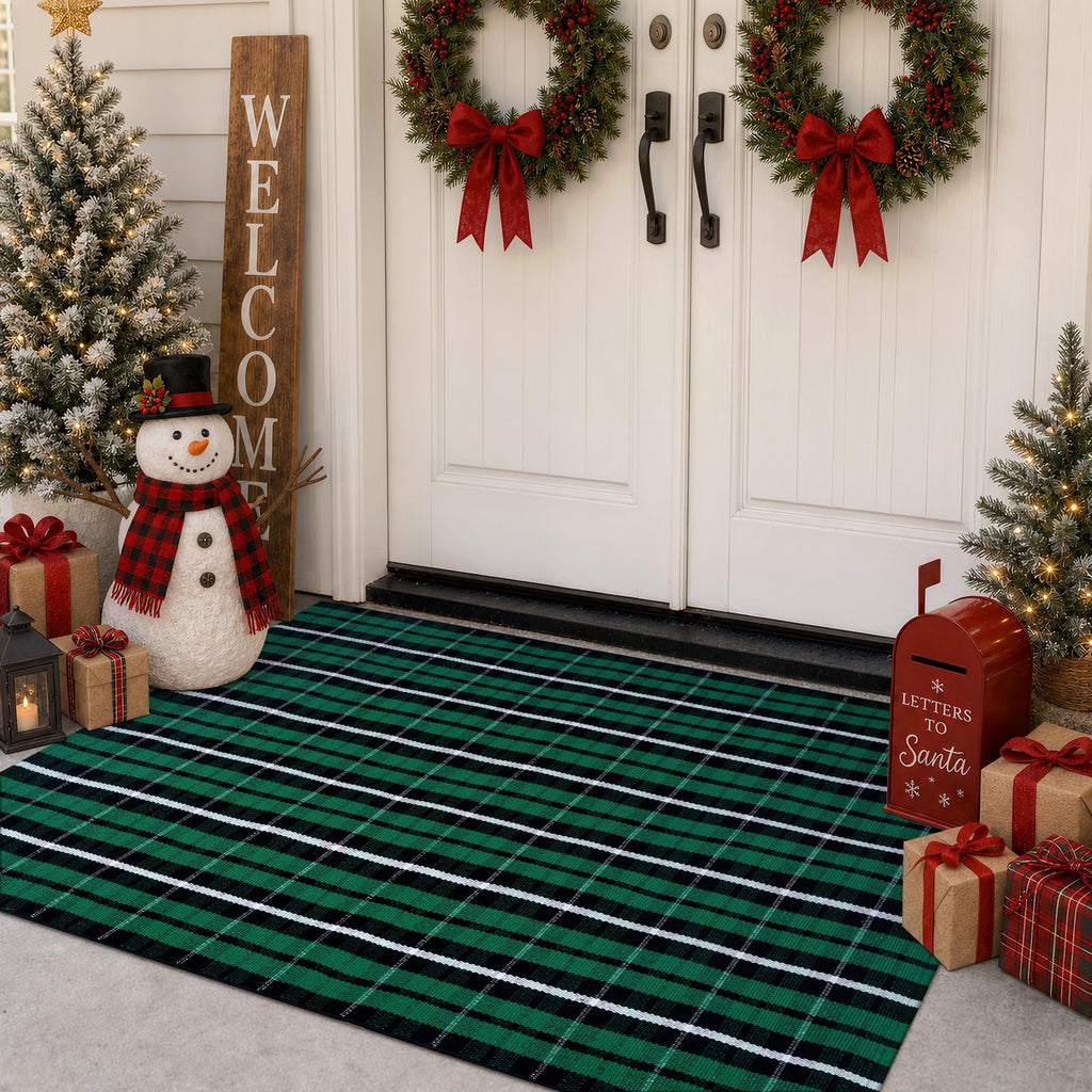 Christmas Door Mat Outdoor Buffalo Plaid Front Porch Rug Decor