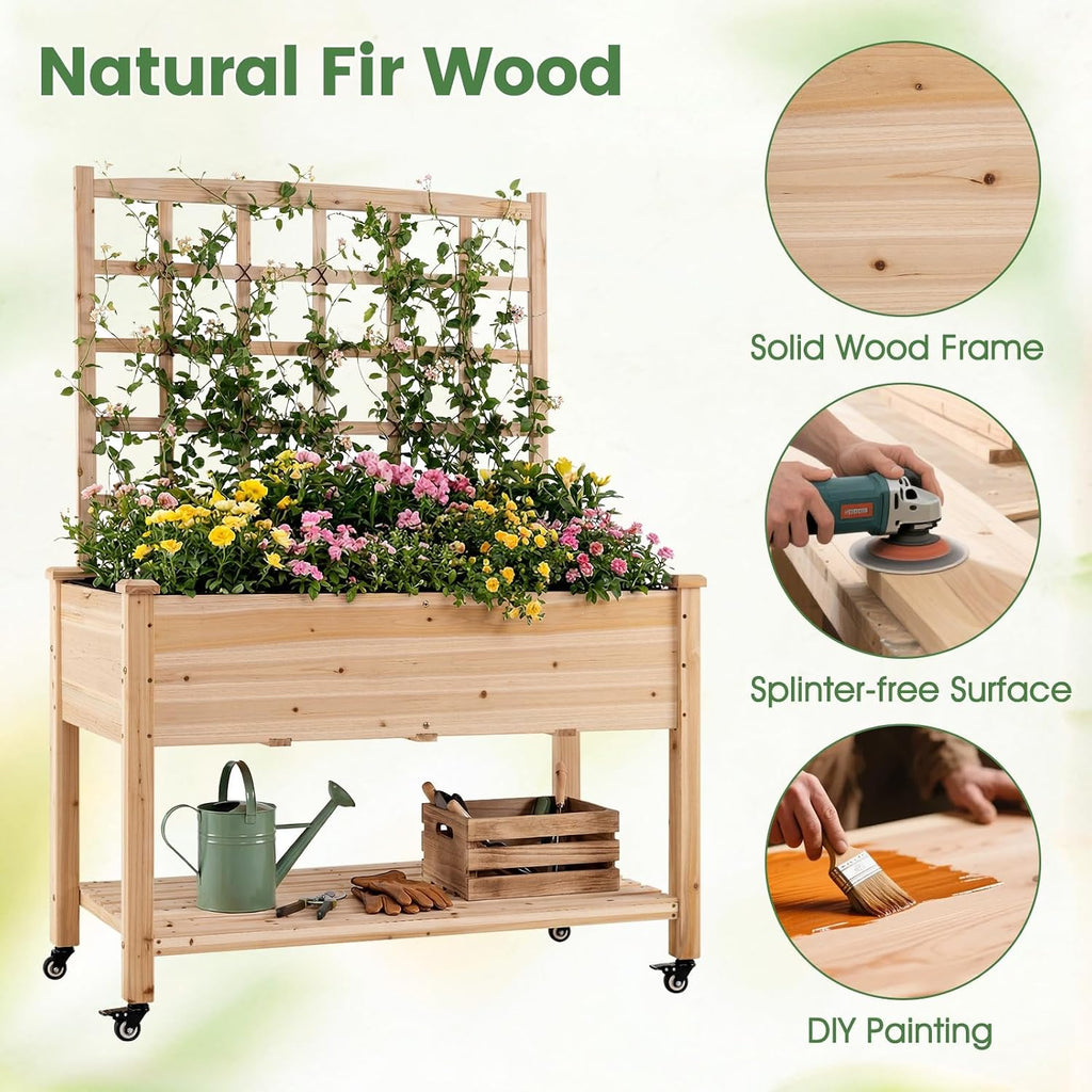 65'' Wooden Raised Garden Bed w/Trellis on Wheels, Mobile Elevated Planter Box w/Legs, Liner & Drainage Holes for